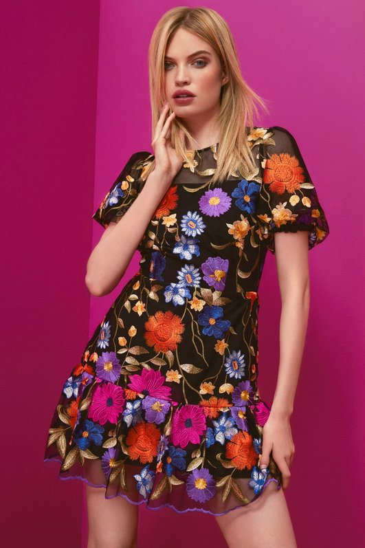 Model wearing embroidered fall floral mini dress