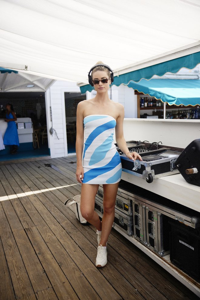 Wearing the Strapless Zebra Jacquard Mini Dress at MILLY's Summer Hamptons 2023 event
