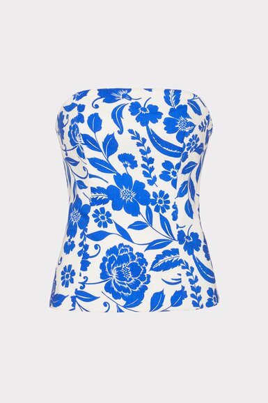 Blue and white floral strapless top