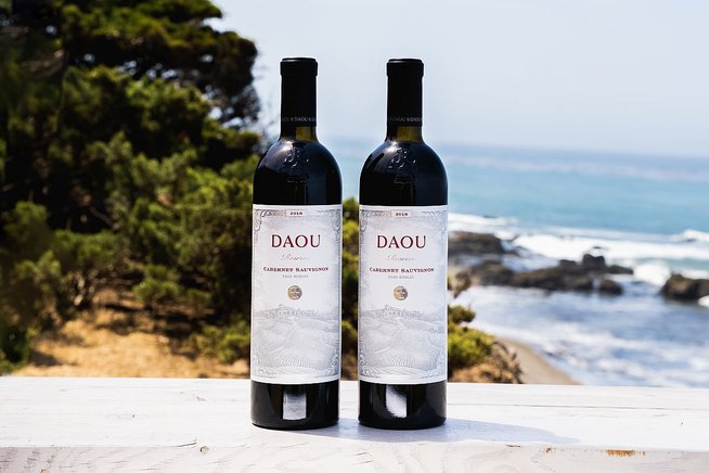 Two red wine bottles with ocean in background