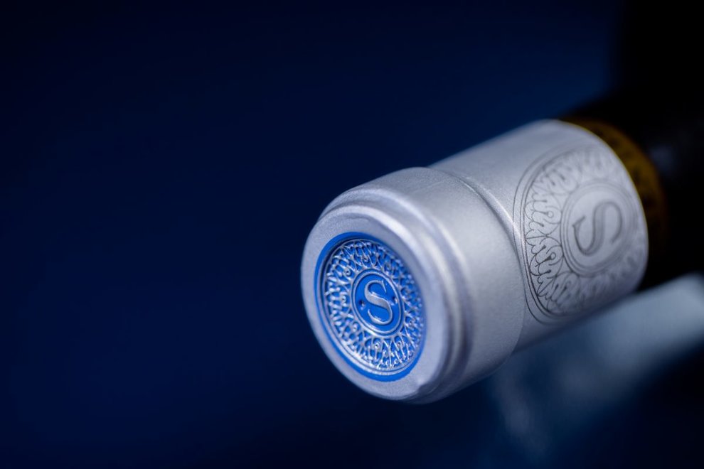 Closeup of foil on a bottle of Sequentis Merlot