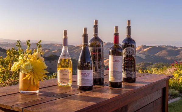 Several bottles of wine on a table overlooking the mountains