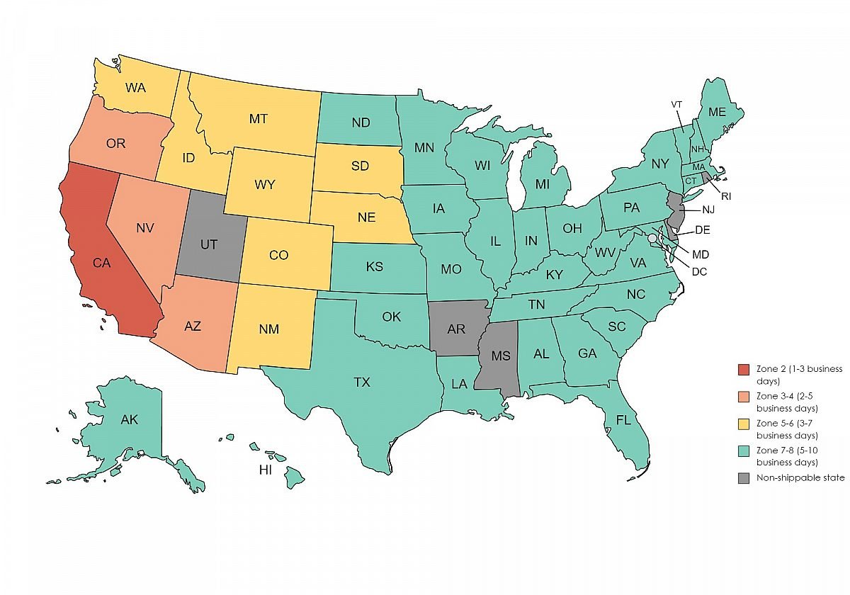 A map of the USA that defines shipping regions