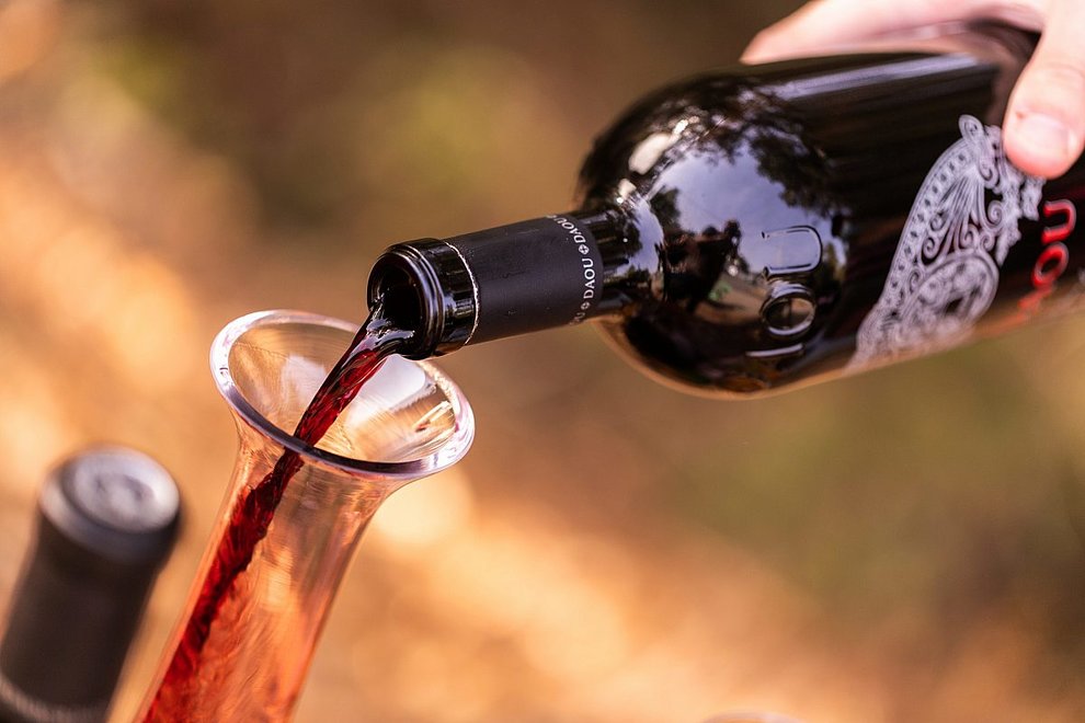 Red wine is poured into the neck of a decanter