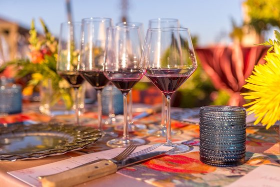 Close up of wine glasses with red wine 