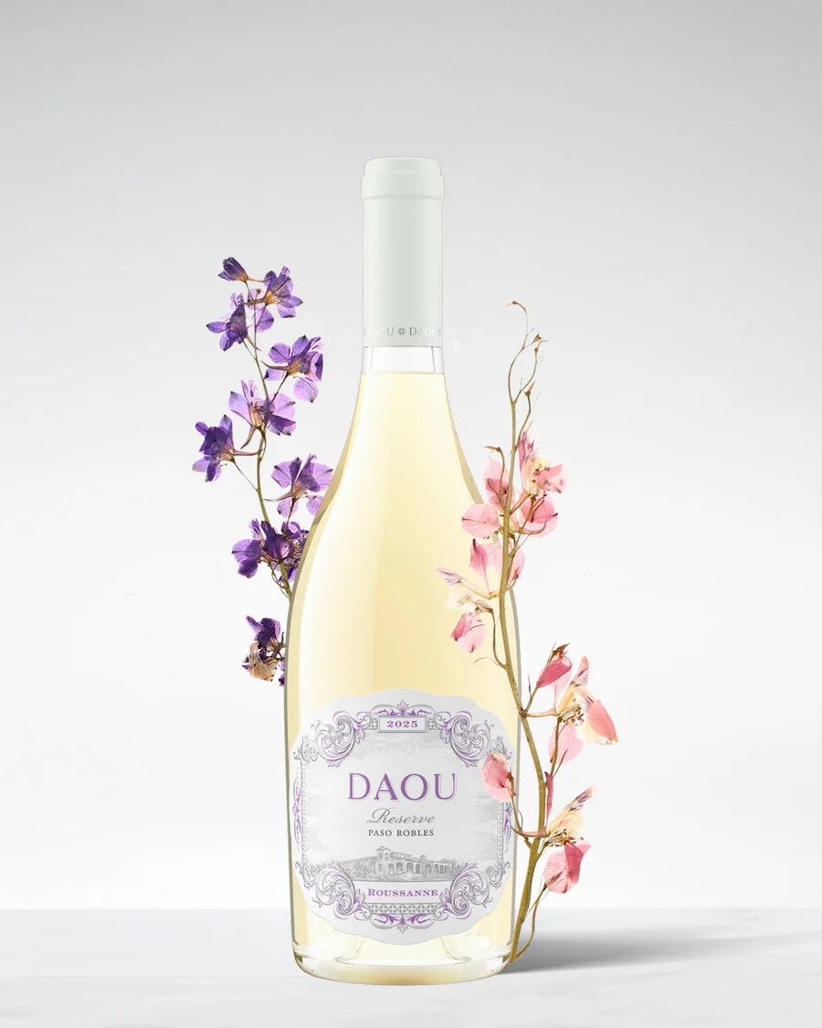 DAOU Reserve Roussanne with delphinium and dried florals.