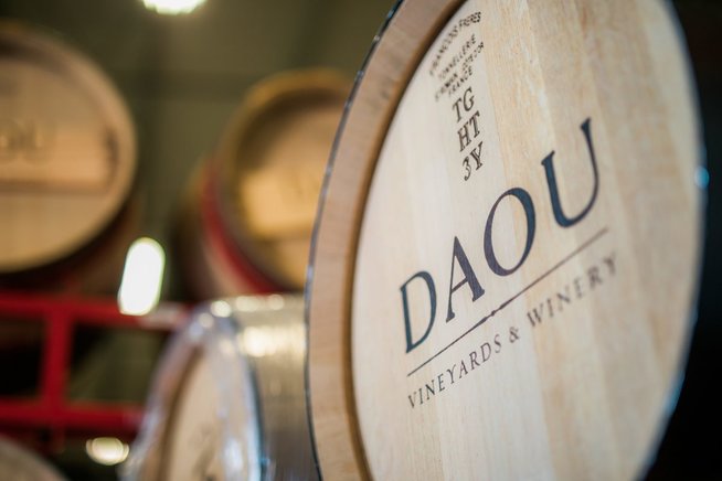 A closeup of a barrel of DAOU wine