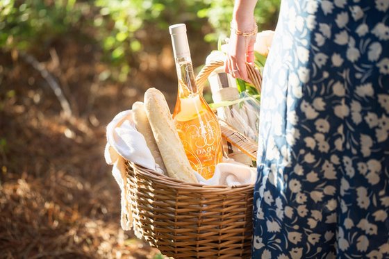 A woman holds a brightly lit picnic basket with baguette loaves and a bottle of DAOU rosé