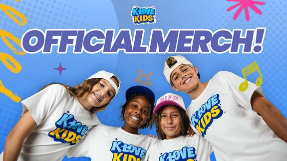 Official K-LOVE Kids merchandise featuring kids wearing K-LOVE Kids T-shirts and hats