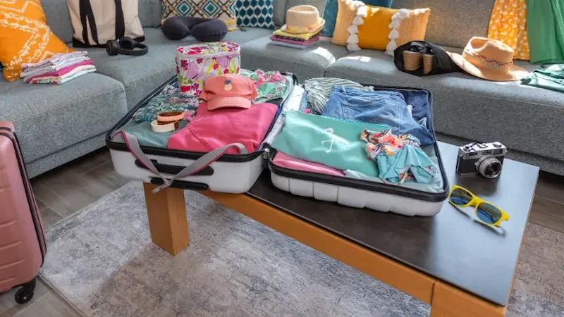 An open suitcase on a table, filled with half-packed clothes of someone planning things to do in Dubai with kids. 