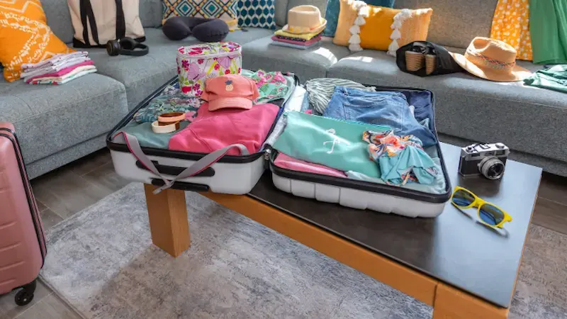 An open suitcase on a table, filled with half-packed clothes of someone planning things to do in Dubai with kids. 