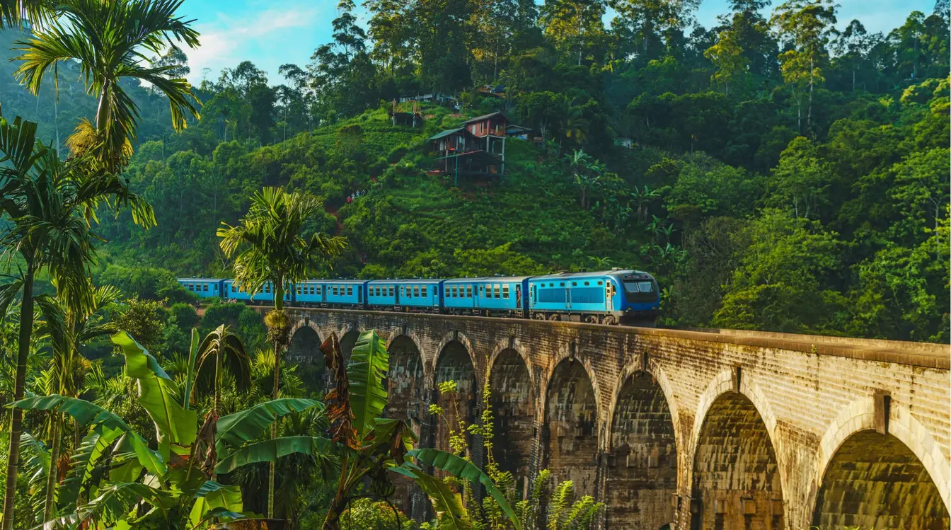 Train traversant le Nine Arch Bridge à Ella, au Sri Lanka, au milieu des plantations de thé et de la végétation tropicale.