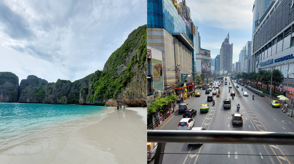 Maya Bay in Thailand (left) and the streets of Bangkok (right)
