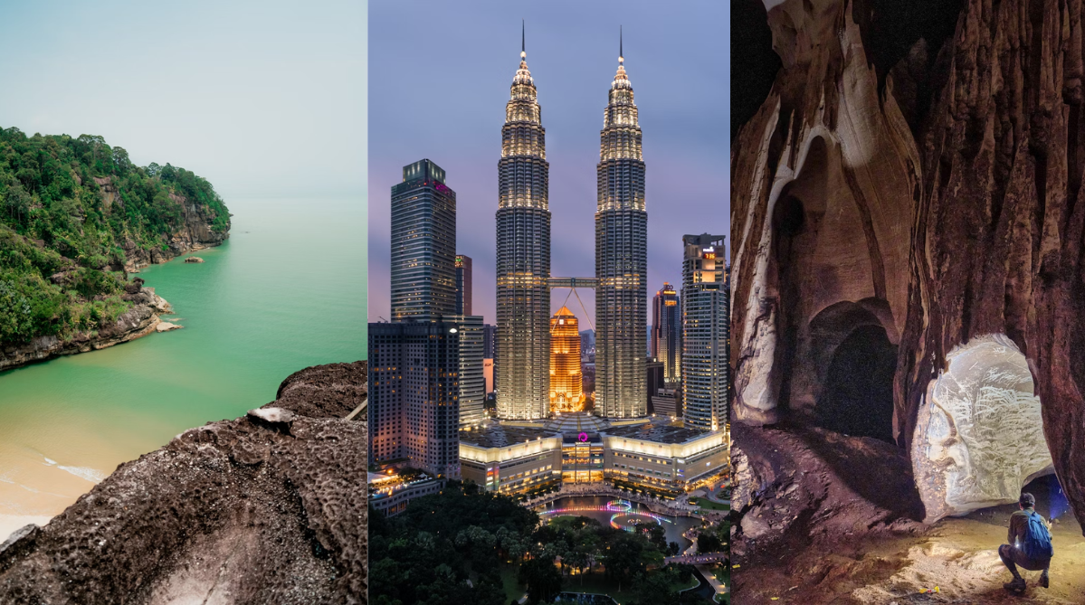 Bako National Park in Sarawak (left), the twin towers in Kuala Lumpur (middle), and the Niah Caves in Miri (right)