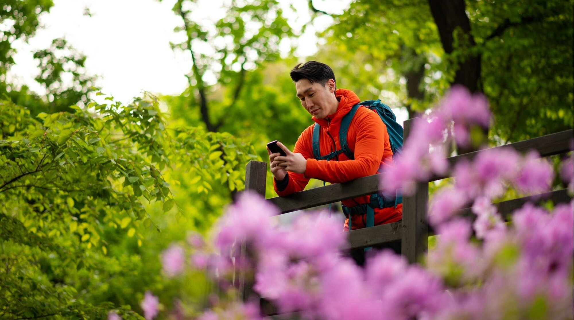 Caminhante masculino que usa o telefone móvel em parque.