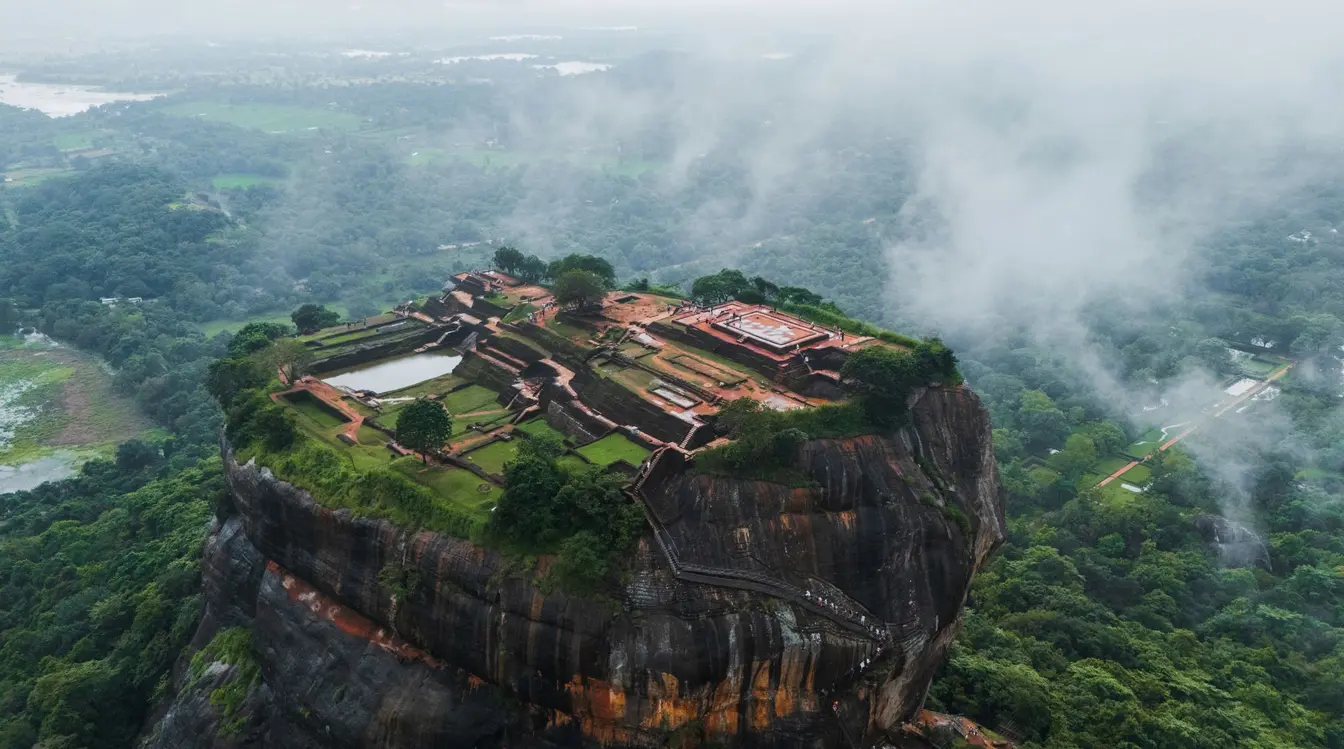 Vue aérienne du rocher de Sigiriya entouré de végétation verdoyante au Sri Lanka pendant la saison des pluies.