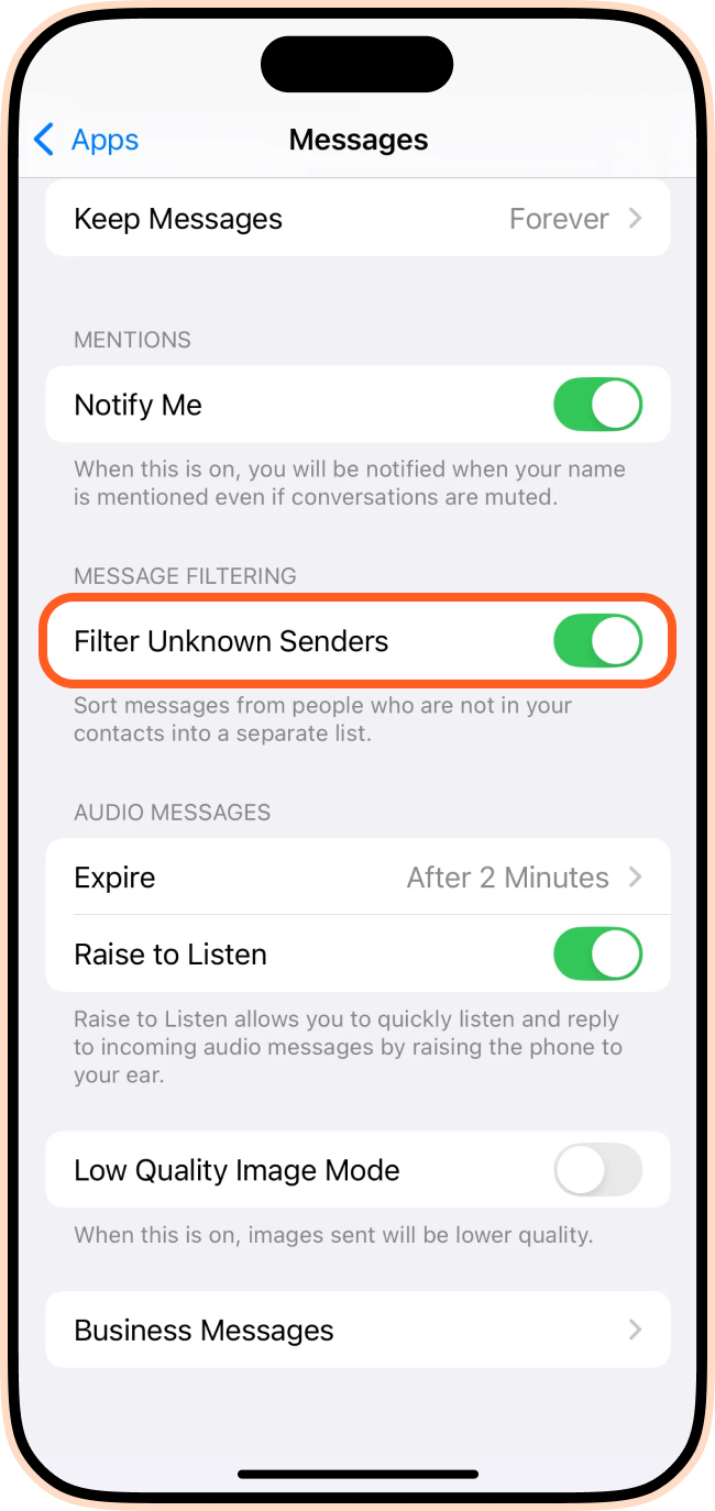 Filter Unknown Messages iPhone