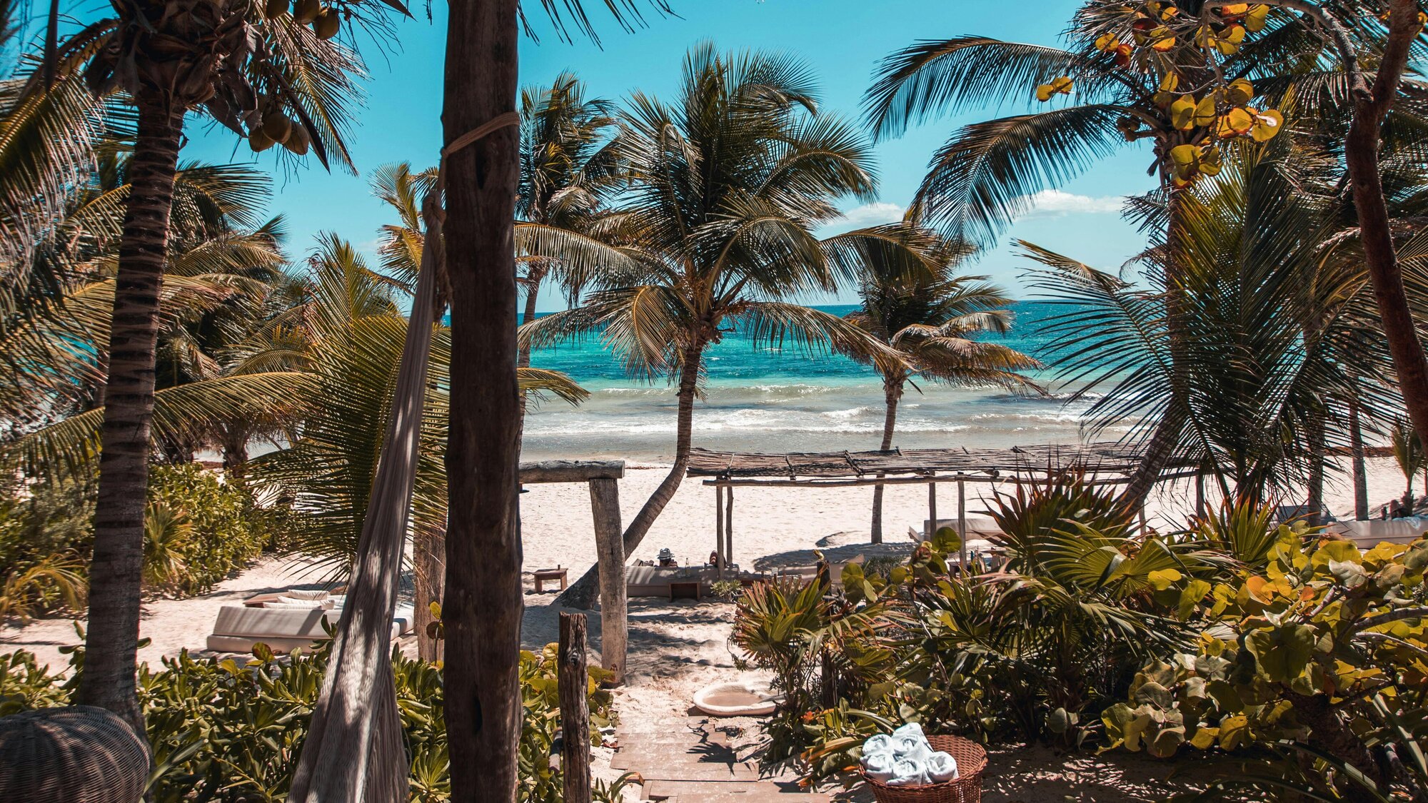 Bright blue water of Tulum seen through a sandy path lined with palm trees