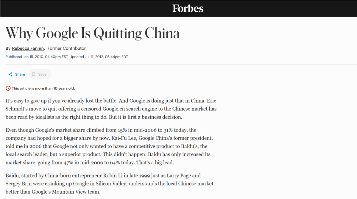 Forbes article covering Google’s departure from China