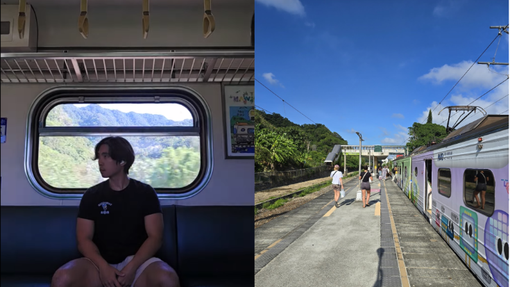 Man on a TRA train (L) and the platform of Wai’ao Station (外澳車站)