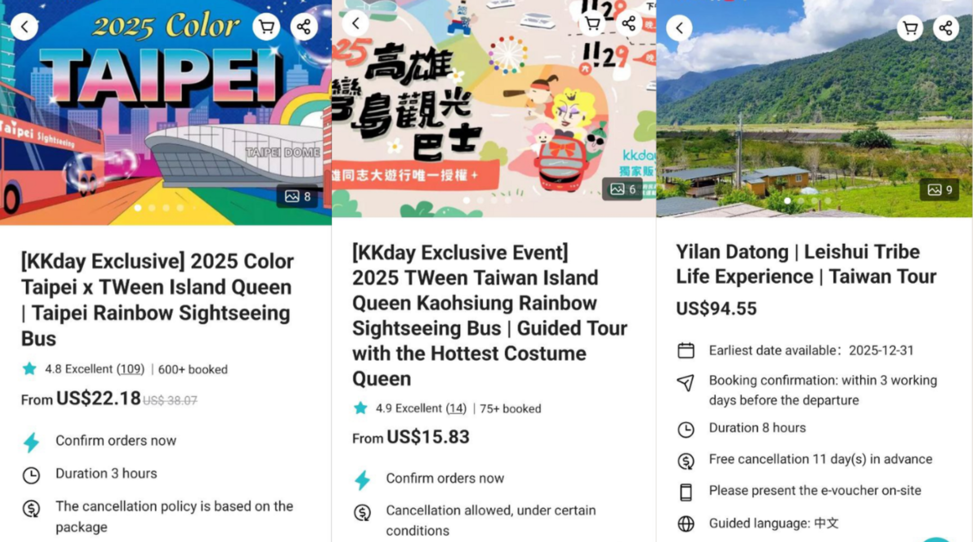 Taipei (台北) and Kaohsiung (高雄) drag queen tour buses, as well as the Leishui Tribe (磊水部落) experiences on KKday