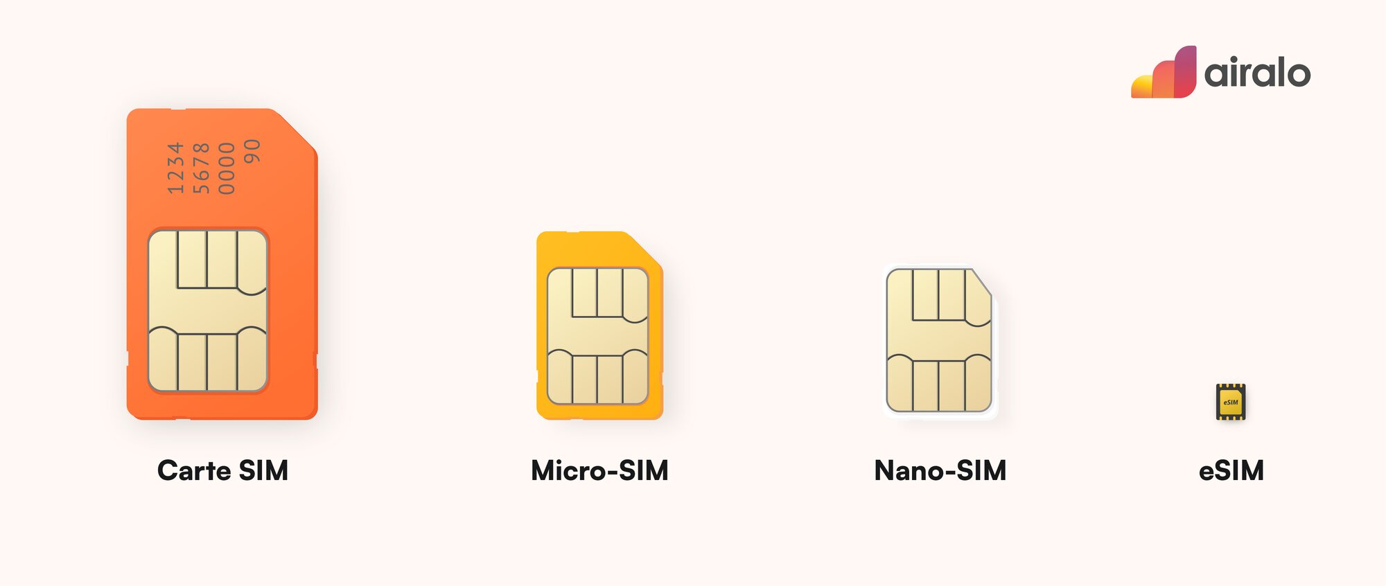 Comparaison des formats de cartes SIM : SIM standard, Micro SIM, Nano SIM et eSIM