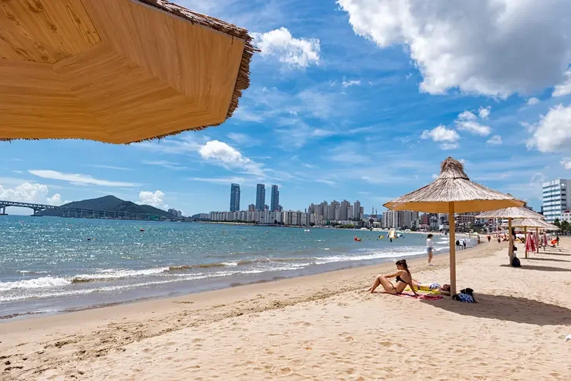 青い空と海が広がる夏の釜山・広安里ビーチの風景。パラソルの下でくつろぐ人々と遠くに見える広安里大橋