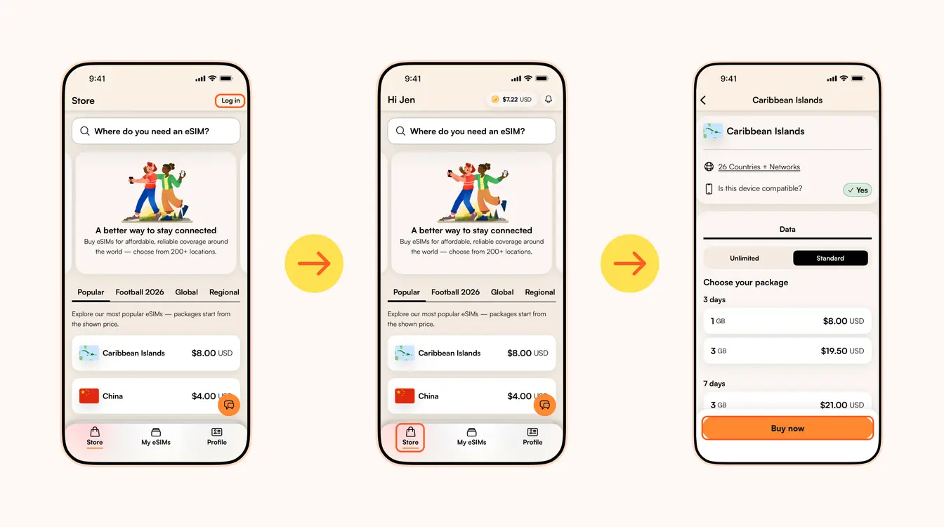 Step-by-step instructions on how to purchase an Airalo eSIM on the app
