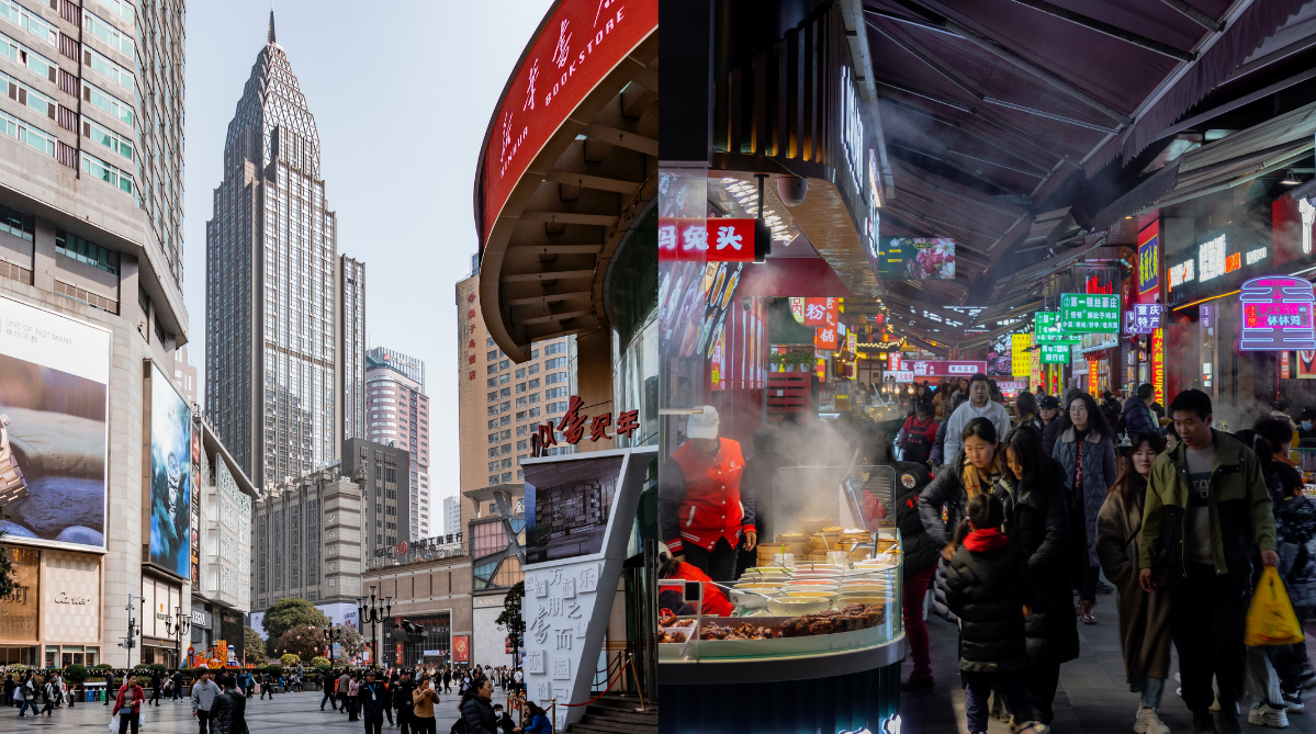 Day (left) and night (right) view of Jiefangbei Street