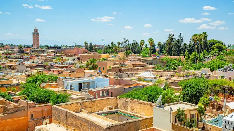 Vue panoramique sur les toits ocre de la Kasbah à Marrakech, avec palmiers, riads traditionnels et minaret de la Koutoubia au loin.