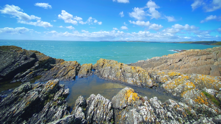 Yellow-speckled rocky causeways along the Atlantic Way, near Clonakilty on the coast of Ireland with blue skies and seas in the background.