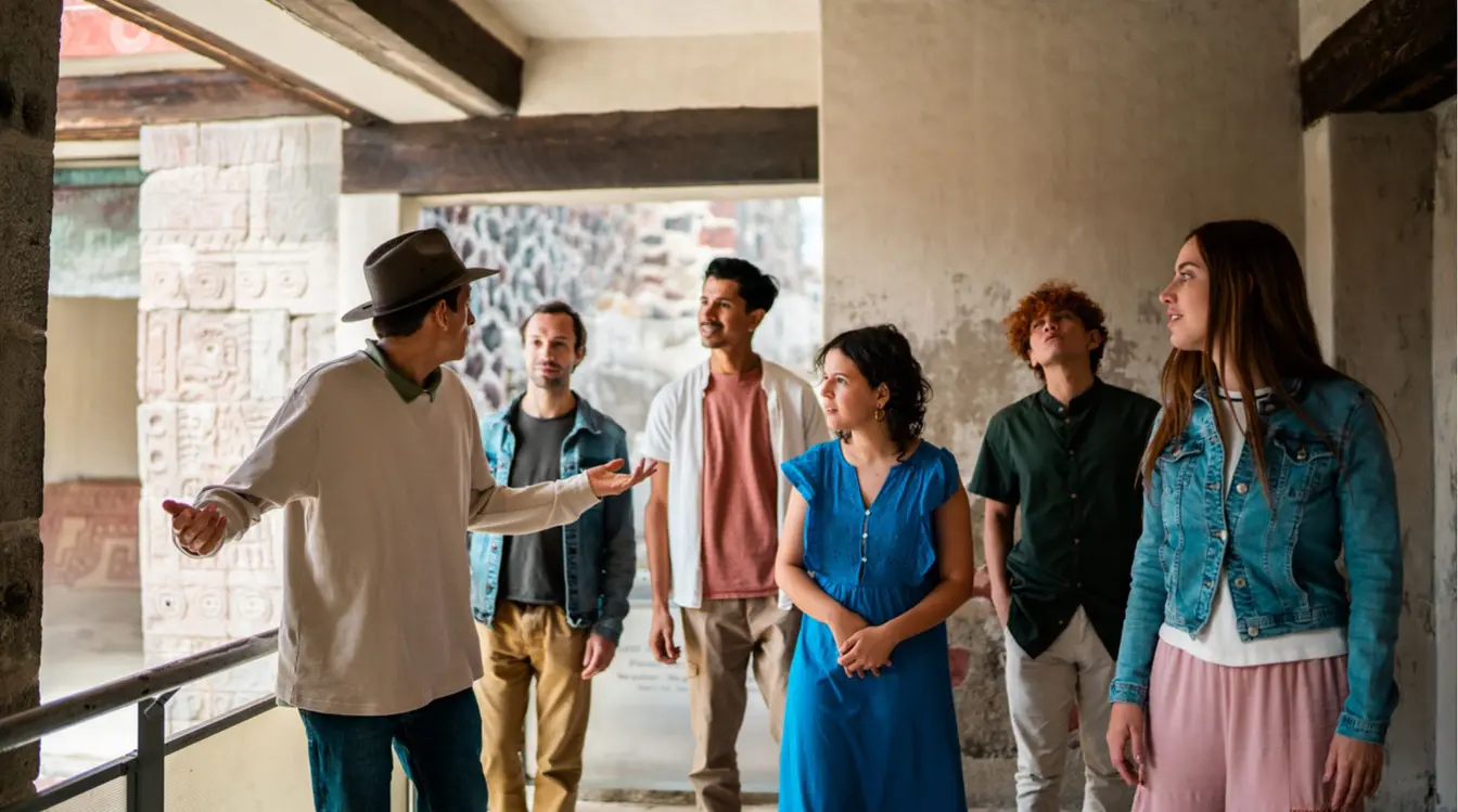 Grupo de viajeros escuchando a un guía durante un recorrido por Teotihuacán