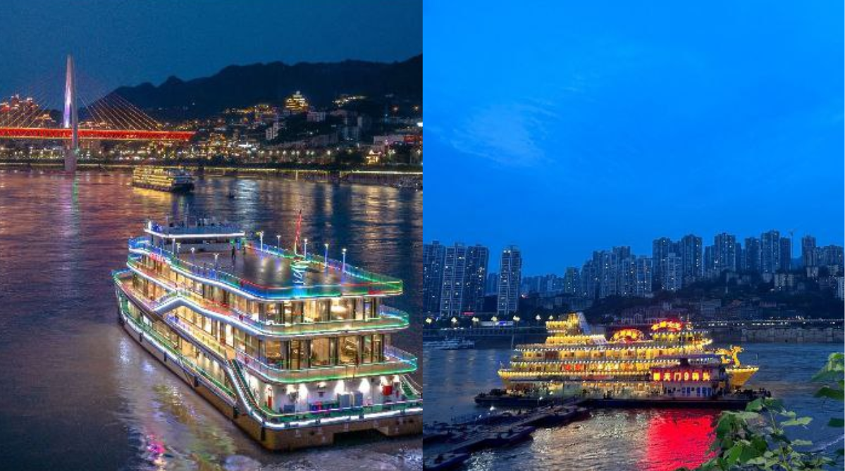 Yangtze River cruise boats sailing in the evening