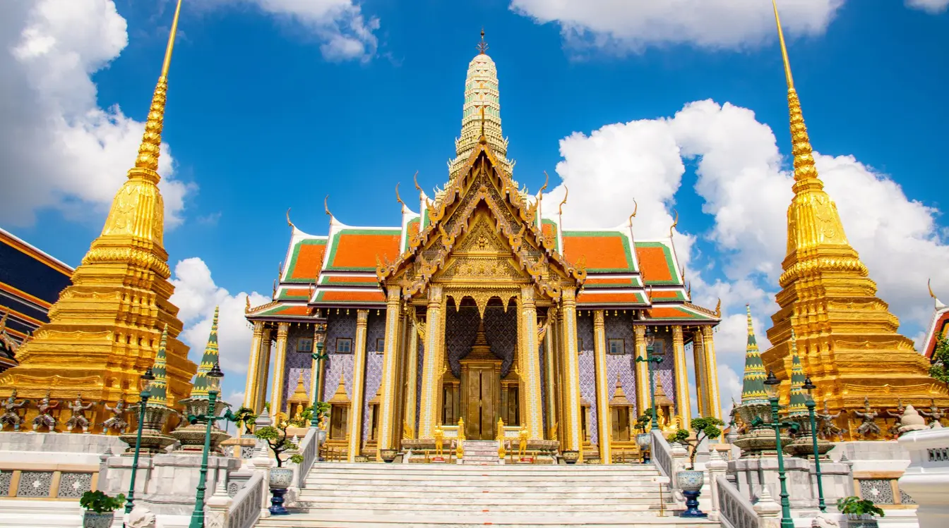 Front view of the Temple of the Emerald Buddha in Bangkok’s Grand Palace complex.