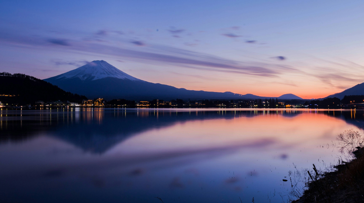 Lake Kawaguchi with Mount Fuji in the background at twilight.