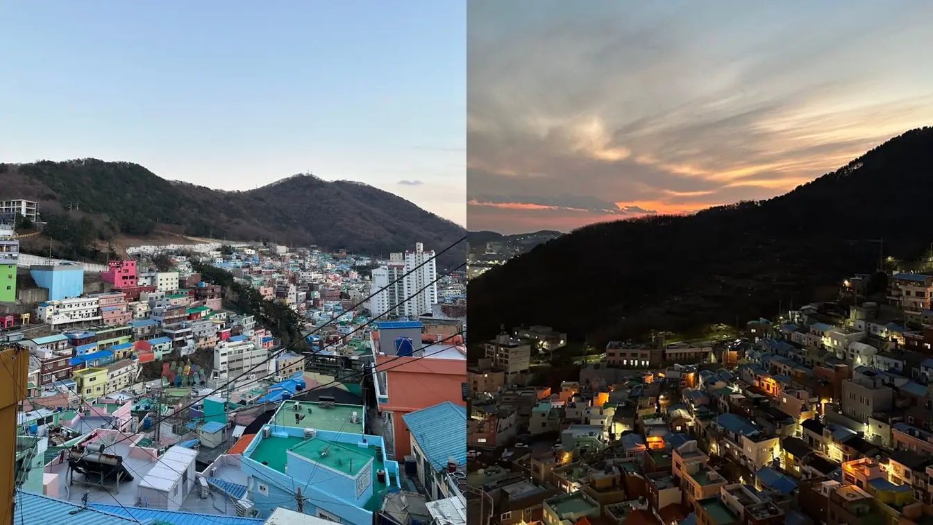 Las casas de colores de la aldea cultural de Gamcheon, de día y de noche.