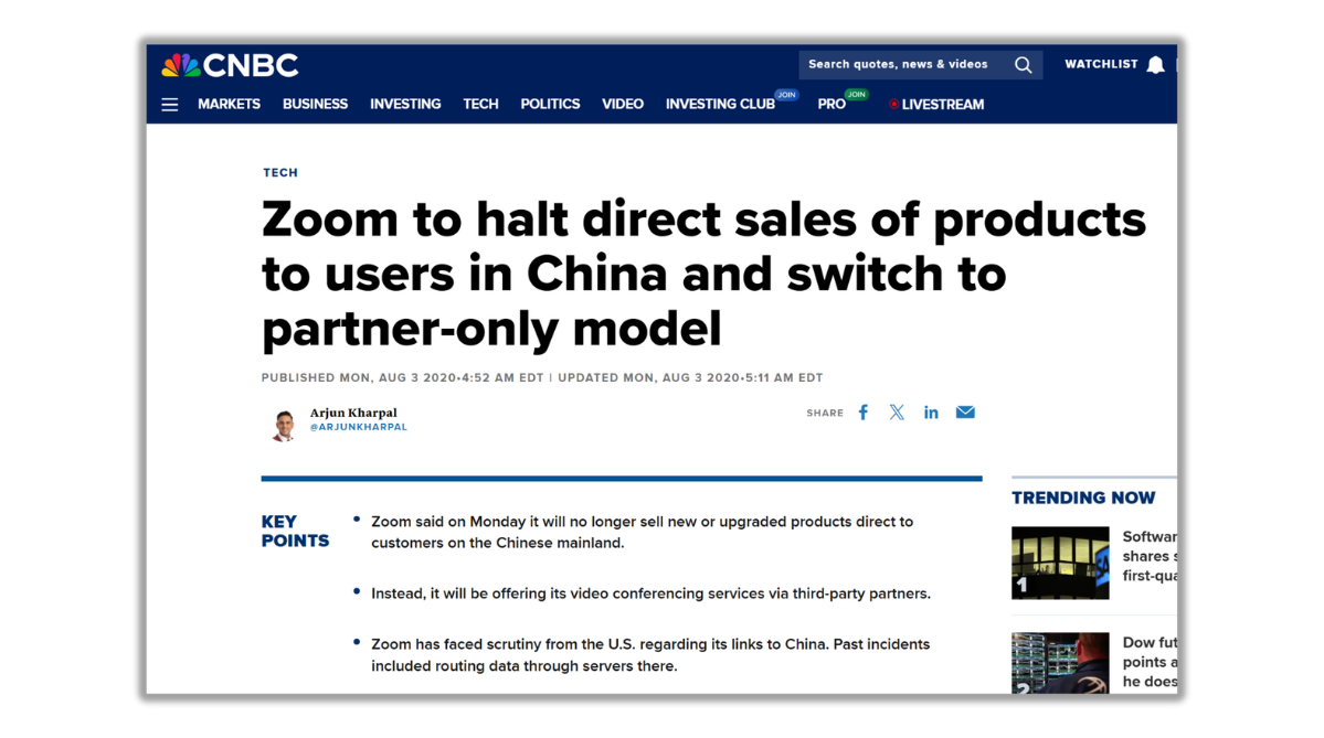CNBC article on Zoom halting direct sales of products to Chinese users