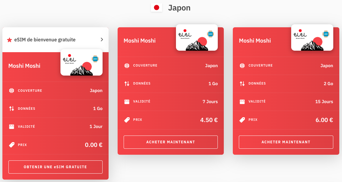 forfait esim japon sur le site d'airalo