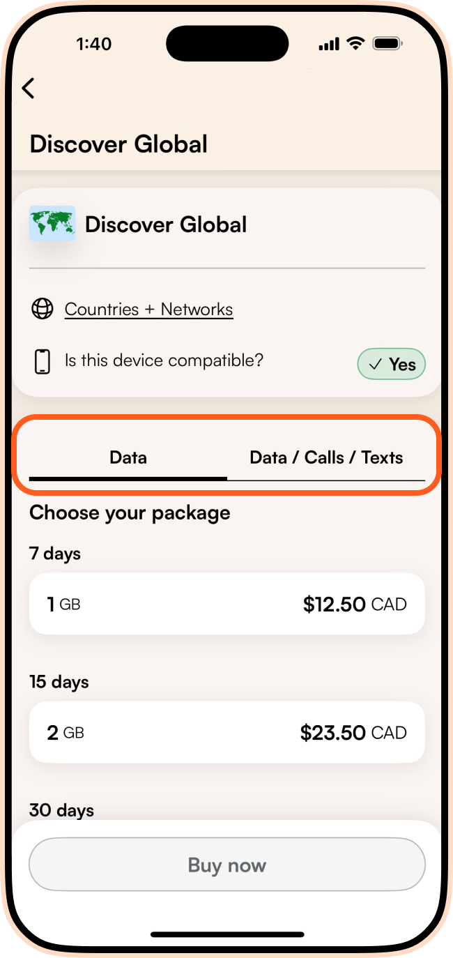 Data/Calls/Texts eSIM packages
