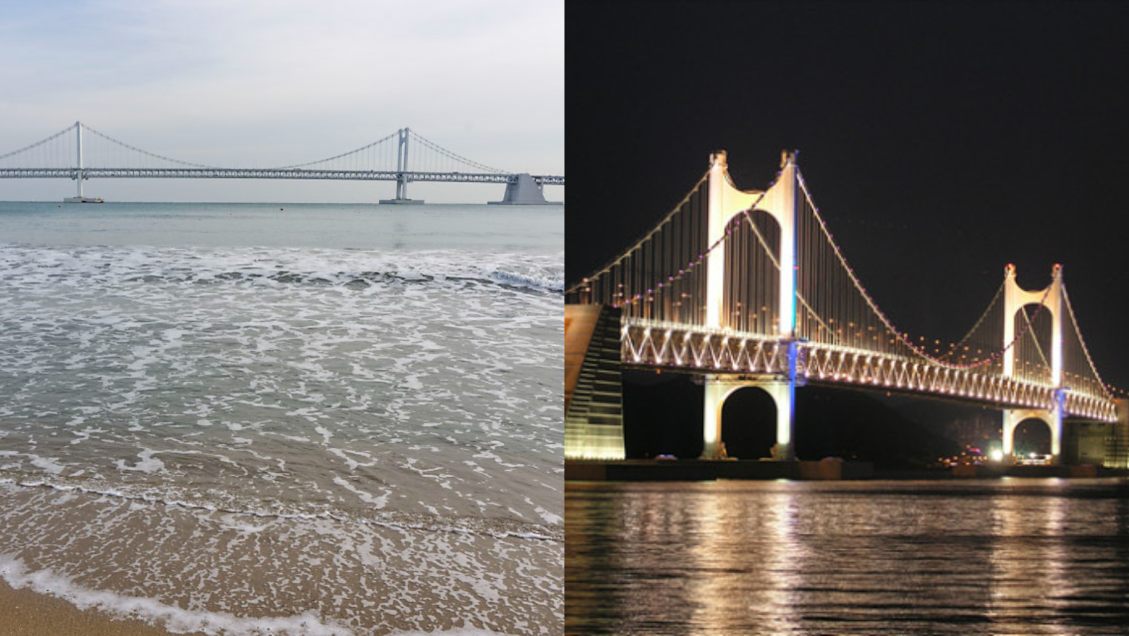 View of Gwangan Bridge (광안대교) from Gwangalli Beach (광안리해수욕장) during the day (L) and night (R)