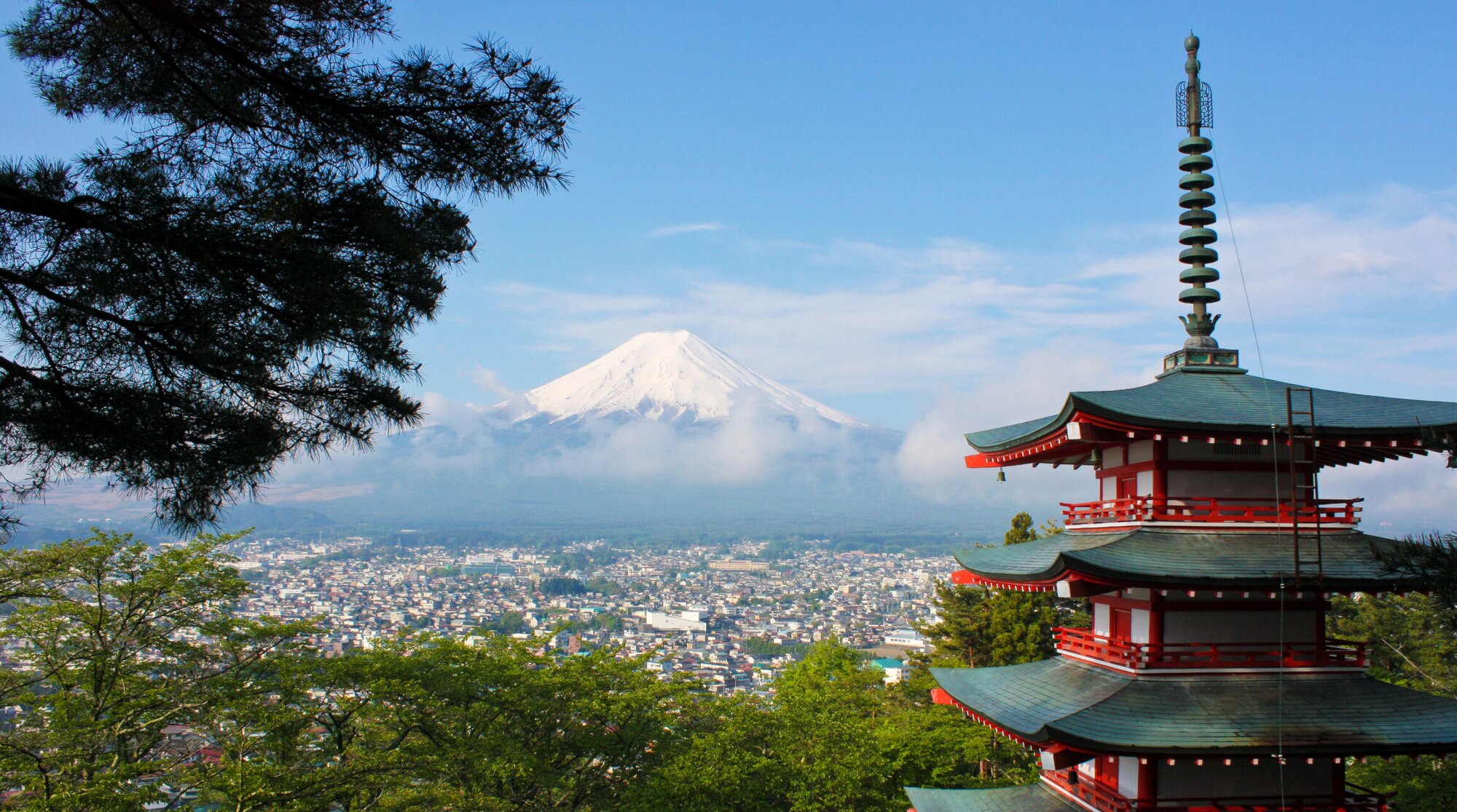 temple with Mount Fuji in the background, Japan