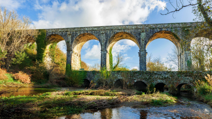 The dramatic stone seven-arch limestone Durrow Viaduct, a historic railway landmark on Ireland's Waterford Greenway.