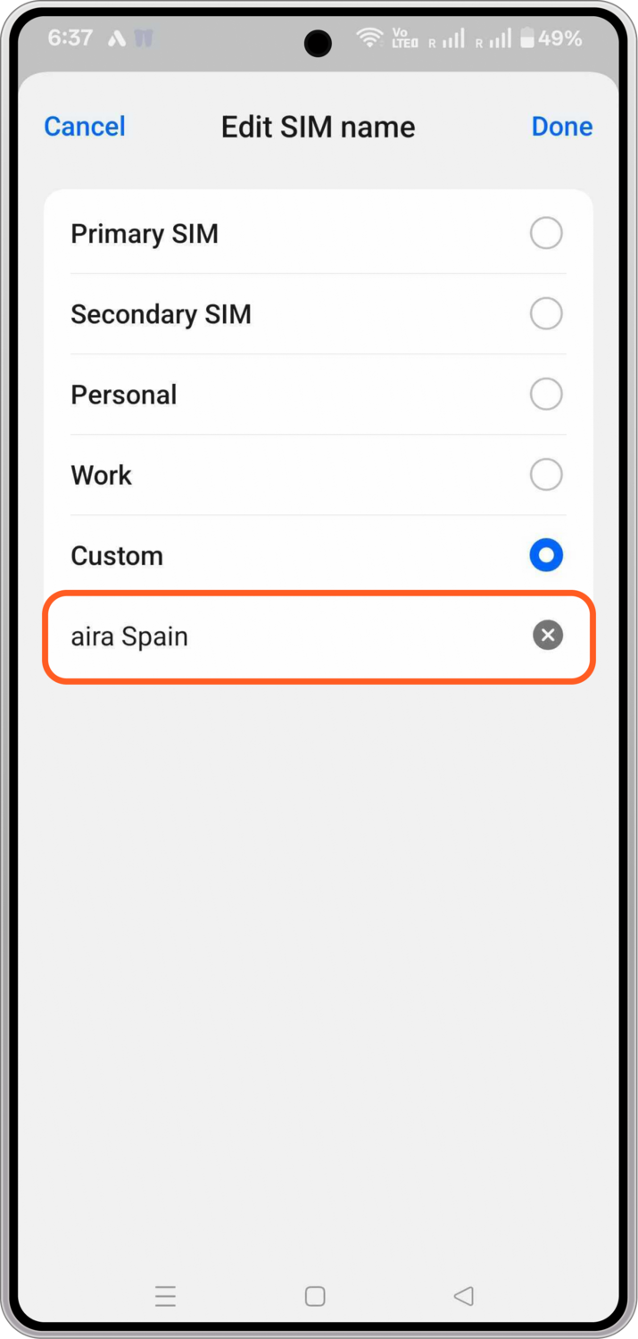 eSIM custom label Android