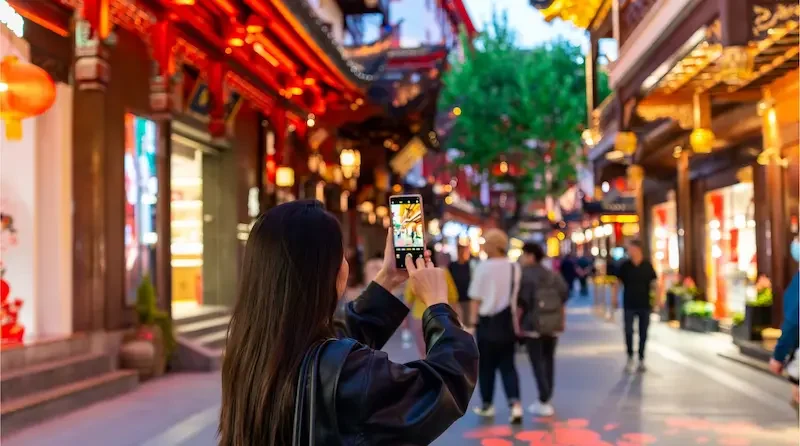 Turista tomando una foto con su teléfono en una calle iluminada de una ciudad asiática por la noche