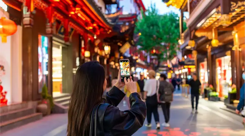 Turista tomando una foto con su teléfono en una calle iluminada de una ciudad asiática por la noche
