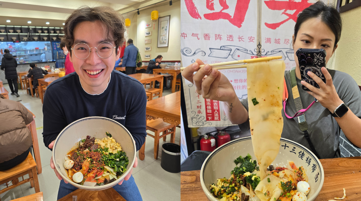 Man holding a large bowl of biangbiang noodles (left) and a woman holding up a single biangbiang noodle with her chopsticks (right).