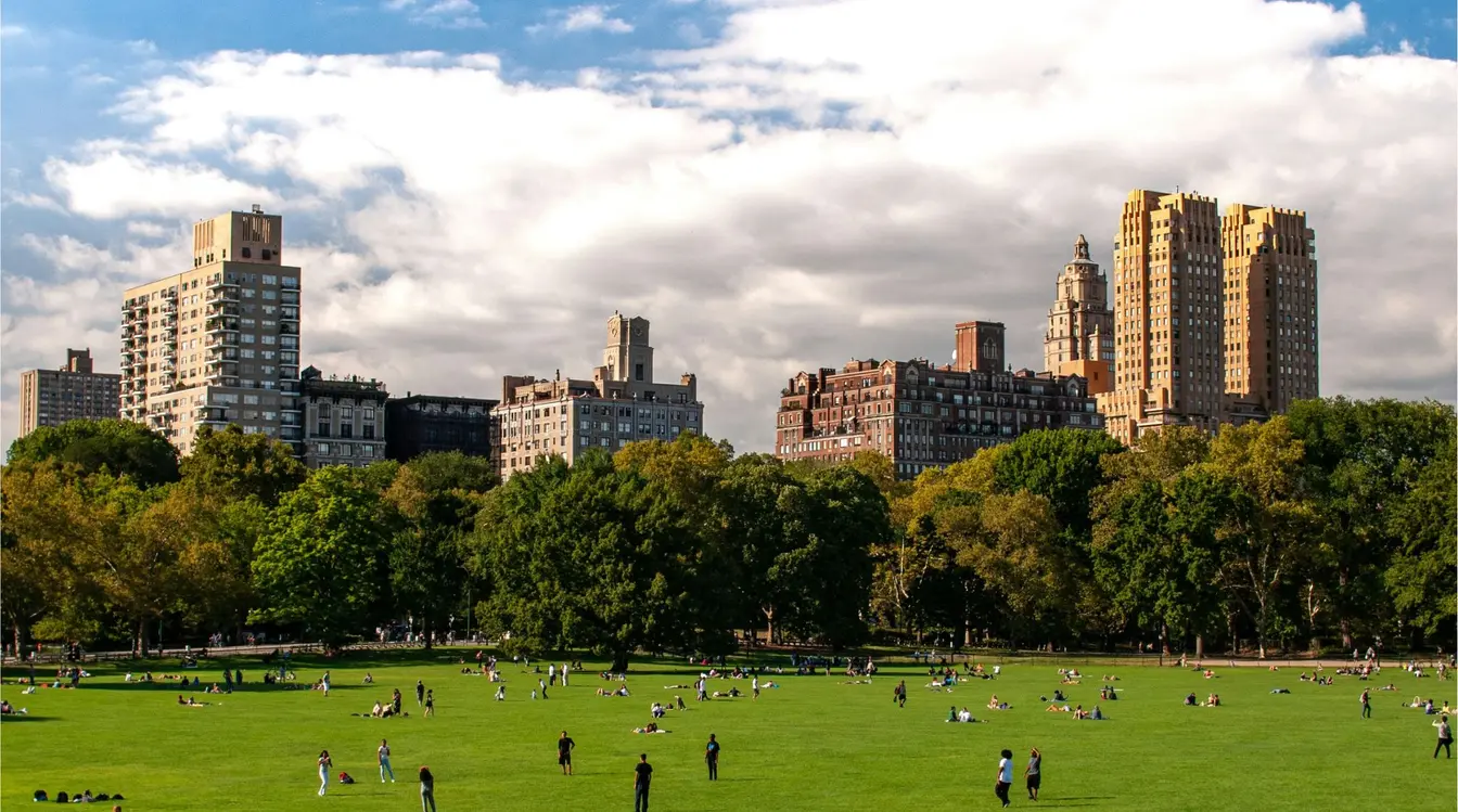 Vista de turistas e nova-iorquinos relaxando ou brincando no gramado do Central Park, e em segundo plano, prédios da cidade no horizonte.