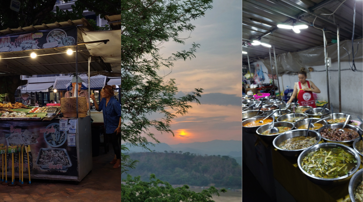Shots of a sunset view from Mount Phou Si and the Luang Prabang night market.