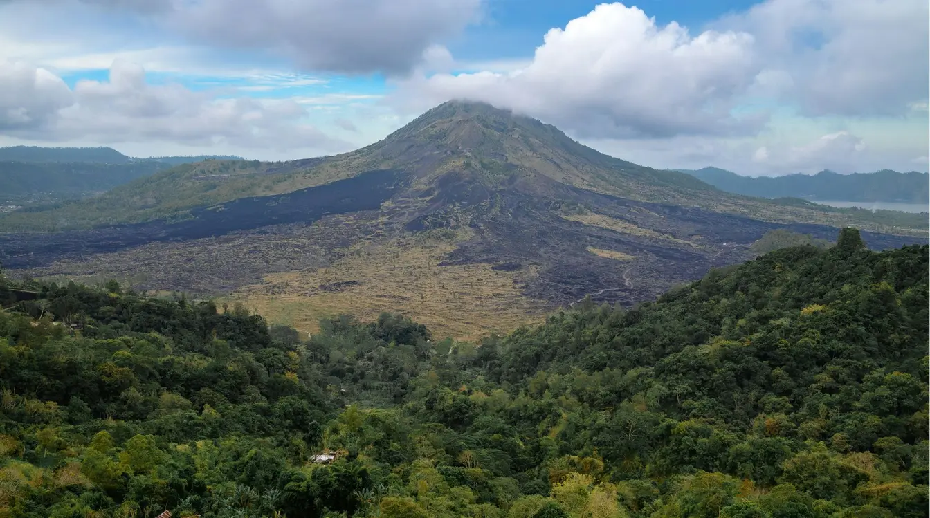 View of Mount Batur from a cafe in Kintamani, overlooking a lush forest and the black slopes of the volcano.