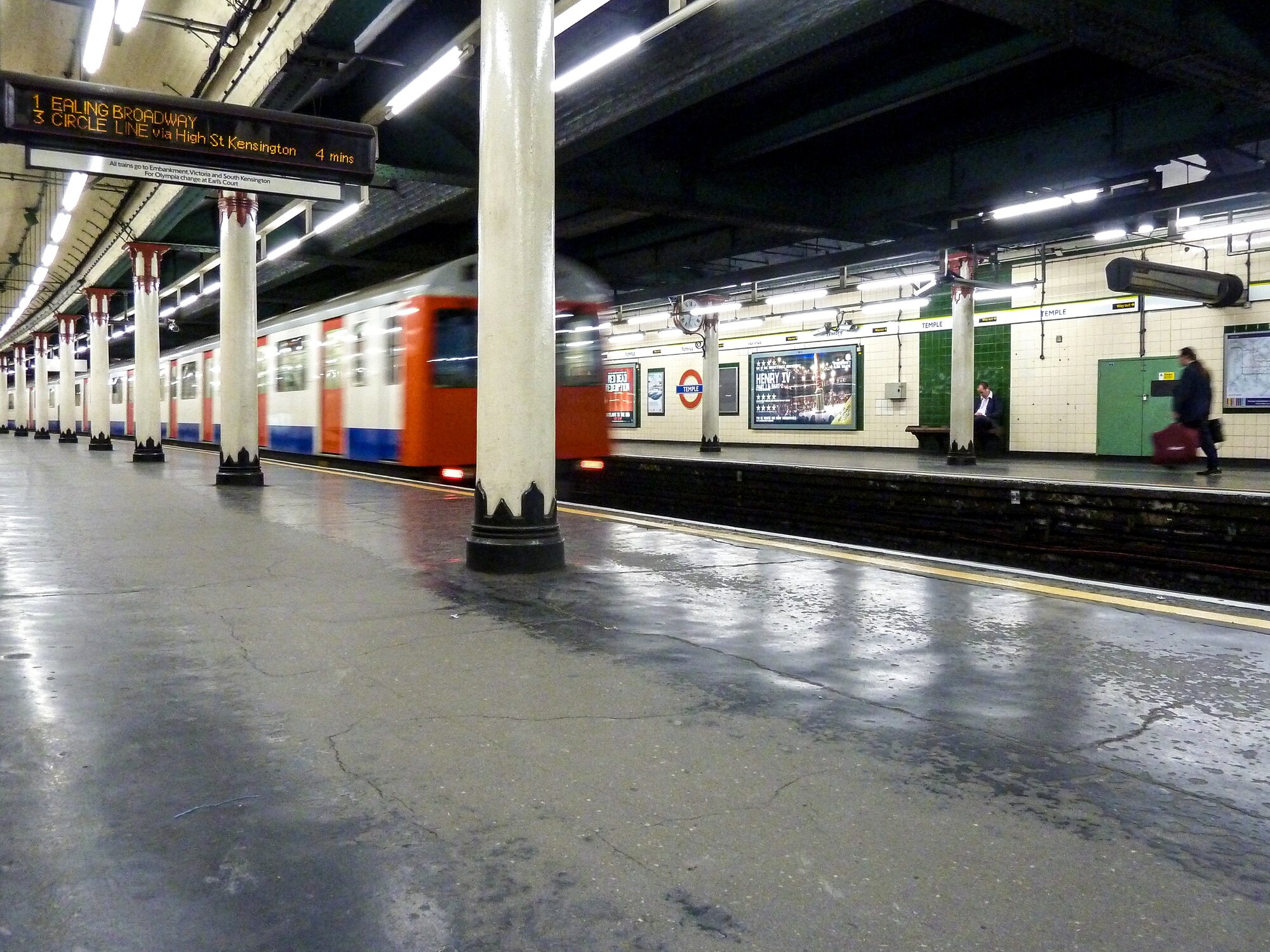 Underground train in London, at Temple station